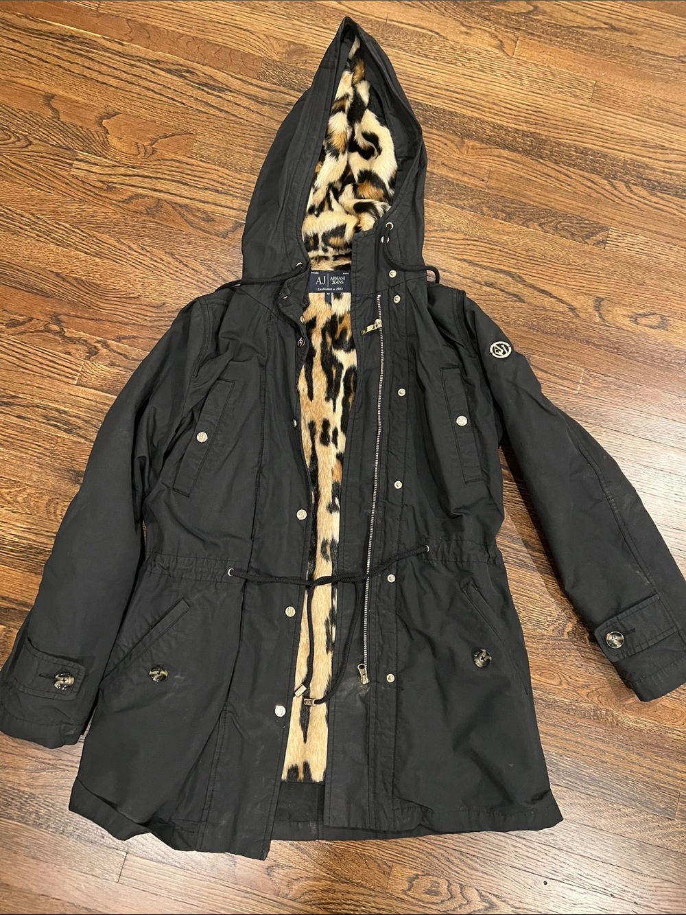 Armani Jeans Black Hooded Trench Coat with Leopard Faux-Fur Lining - XS